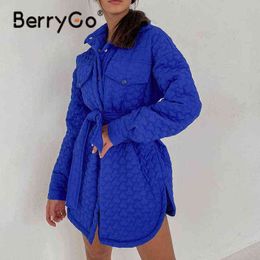 BerryGo Elegant royal blue Za parka women winter coat Long sleeve lapel sash quilted coats Casual loose pocket down jacket women 211130