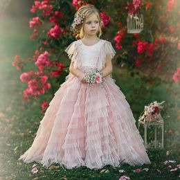 Lovely Pink Lace Princess Flower Girl Dresses For Wedding Appliqued Pageant Gowns Tiered Floor Length Tulle First Communion Dress