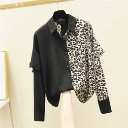 Spring and Autumn Shirt Korean Contrast Ruffle Leopard Print Long Sleeve Blouse Plus Size Women Blouses 210615