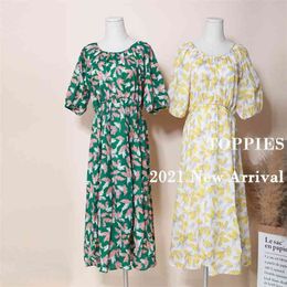 Summer Dress Woman Lantern Sleeve Midi Floral Printing Vacation Beach Clothes Loose robe femme 210421