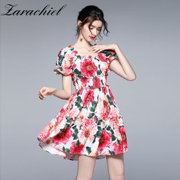 Women Elegant Off The Shoulder Short Puff Sleeve Rose Floral Print Mini Summer Ruffles Backless Boho Beach Dress 210416