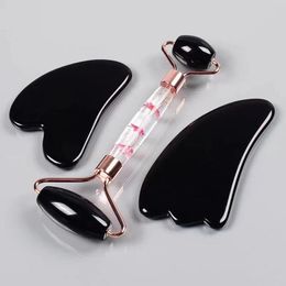 Natural Obsidian Face Care Massage Roller Gua Sha Scraper Tool Set Facial Lift Skin Relaxation Slimming Acupuncture Beauty Healing Health