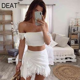 DEAT Summer White Lace Hollow Out Bandage Bodycon Slash Neck Short Top Mini Skirt Two Piece Set Women Outfits MI629 210730