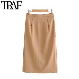 TRAF Women Chic Fashion Office Wear Solid Pencil Skirt Vintage High Waist Back Zipper Vents Female Skirts Faldas Mujer 210415