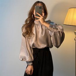 Spring Autumn Women's Blouse Korean Solid Colour Stand Collar Long Sleeve shirt Lantern Slim Thin Female Tops LL373 210506