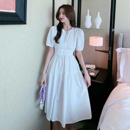 Fashion All-Match Puff Sleeve Design Short Round Neck Dress Ladies Summer Gentle Solid Colour High Waist 210529