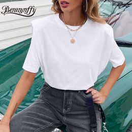 Benuynffy Round Neck Pad Shoulder Woman Tshirts Summer Short Sleeve Fashion Solid Tees For Women Casual T-shirt Tops Clothing Y0621