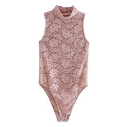 Summer Women European And American Style Sexy Street Hollow Lace Mid-High Neck Sleeveless Bodysuit 210531