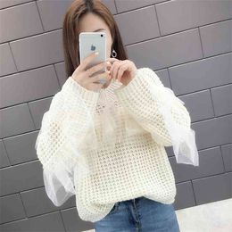 Hollow Lace Stitching Sweater Women's Spring And Autumn Short V-neck Very Bottoming Shirt Wild 210427