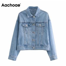 Aachoae Fashion Blue Denim Jacket Women Streetwear Cotton Long Sleeve Pockets Coat Turn Down Collar Loose Casual Jeans Jackets 210413