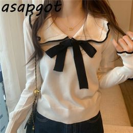 Autumn Gentle White Ruffles Contrast Colour Bow Collar Sweaters&Jumpers Flare Sleeve Slim Chic Korean Fashion Black Knitted Top 210429