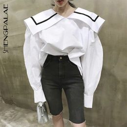 Casual Solid White Women Shirt Big Lapel Striped Print Puff Sleeve Loose Slim Female Top Clothing Fashion ZA3257 210427