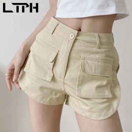 vintage big pocket tooling style High Waist Shorts Women casual all-match fake two pieces Gym sweatpants Summer 210427