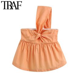 TRAF Women Sweet Fashion One shoulder Bow Tid Blouses Vintage Sleeveless Ruffled Female Shirts Blusas Chic Tops 210415