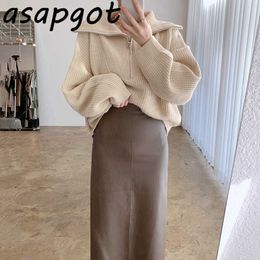 Loose Full Turn Down Collar Zipper Sweater Knitted Jacket High Waist Straight PU Leather Skirt Vintage Casual Sets Fashion Wild 210610