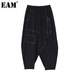 [EAM] High Elastic Waist Black Irregular Ankle-Length Trousers Loose Fit Pants Women Fashion Spring Summer 1DD7530 210512