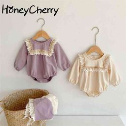 spring girl baby Siamese Romper lace long sleeve triangle climbing clothes send cap girls 210702