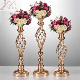 IMUWEN Creative Hollow Gold/ Silver Metal Candle Holder Wedding Table Centerpiece Flower Vase Rack Home el Road Lead Decor 210722