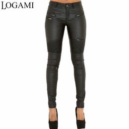 LOGAMI Faux Leather Pants Women Elastic Zipper Leather Pants Trousers Leren Broeken 211216