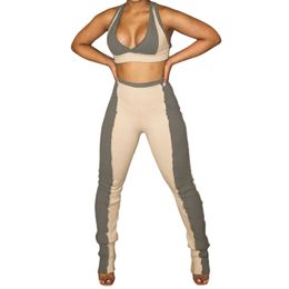 Women's SleevelTwo-pieces Set Casual Tight Contrast Colour Suit, V-neck Halter Tops High Waist Trouser Clothing X0629