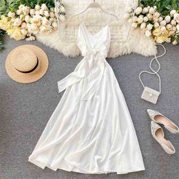 Sexy Women Party Dress Elegant Summer V Neck Backless Bandage Bow Dresses Fashion Ladies A Line White Long Robe Vestido 210525