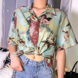 Vintage Aesthetic Cupid Angel Print Women' Blouse Shirt Cardigan Short Sleeve Summer Top Graphic Blouse Women Clothes 210522