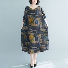Oversized Women Loose Casual Dress New Arrival Summer Indie Folk Style Vintage Print O-neck Female Long Dresses S3776 210412