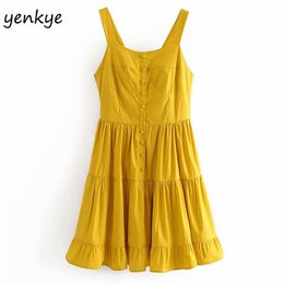 Summer Dress Women Vintage Solid Colour Yellow Sexy Sleeveless Square Neck A-line Short Holiday Casual vestido 210514