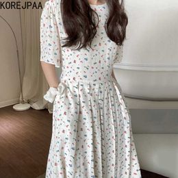 Korejpaa Women Dress Korean Chic Summer Retro Elegant Shredded O-collar Loose Bubble Sleeves High Waist Pleated Vestido 210526
