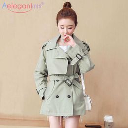 Aelegantmis Autumn Double Breasted Women Short Trench Coat Loose Plus Size Slim Windbreaker Overcoat With Belt Ladies Outerwear 210607