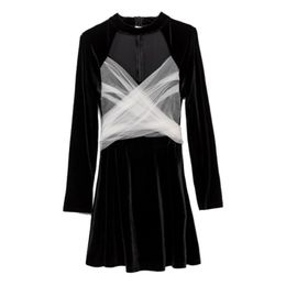 Black Velvet Mesh Patchwork Long Sleeve Asymmetrical Collar Lace-up Bow A Line Mini Dress Elegant D2411 210514