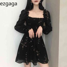 Ezgaga Women Dress Sexy New Fashion Slash Neck Floral Printed Puff Sleeve High Waist Temperament Bodycon Dress Vestidos 210430