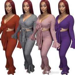 Women Flare Pants Suit Long Sleeve 2 Piece Set Sexy Bandage Sweatsuit Crop Top Designer Outfits 2022 Fall Winter Casual Clothing S-2XL
