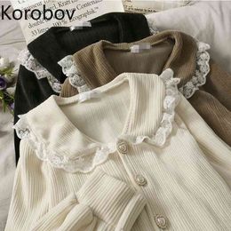 Korobov Korean Vintage Lace Patchwork Female Shirts Office Lady Elegant Peter Pan Collar Blusas Mujer Single Breasted Blouses 210410