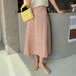 Floral Orange Print Long Skirts Summer Women Korean Style Streetwear Drawstring Elastic Waist Midi Skirt 210529