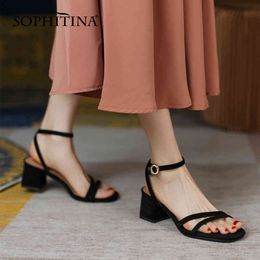 SOPHITINA Women Sandals Concise Kid Suede Leather Sandals Thick Heel Ankle Strap Narrow Band Fashion Lady Shoes AO867 210513