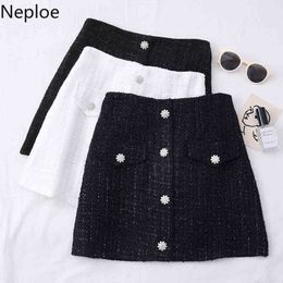 Neploe Tweed High Waist Women Skirts Fashion Bright Silk Skirt Korean Diamonds Single Breasted A-line Faldas Mujer 210423