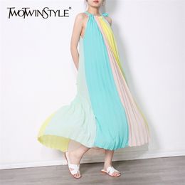 Loose Hit Color Summer Dress For Women O Neck Sleeveless Patchwork Midi Dresses Female Fashion Clothing 210520