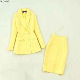 Women's suits autumn women's large size yellow long section suit jacket slim bag hip high waist half skirt two-piece 210527