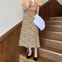 Skirts Floral Skirt Women High Waist Chiffon Summer Korean-Style Young-Style Sweet Pink Lady Long Female