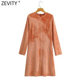 Zevity Women Fashion O Neck Solid Color Velvet Kneeth Dress Female Back Zipper Casual Slim Party Vestido Chic Dresses DS4805 210603