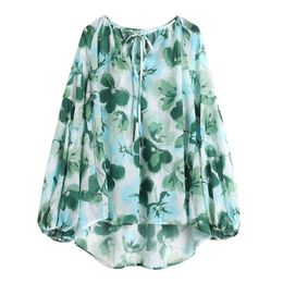 PERHAPS U Women Light Green Blouse V-neck Floral Print Lantern Long Sleeve Shirt Top Summer Vocation B0821 210529