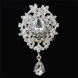 12PCS/LOT Silver Plated Clear Big Waterdrop Crystal Pendent Brooch PinsWedding Bouquet Broach