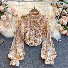 SINGREINY Women Bohemian Floral Blouse Korean Sweet Puff Sleeve Single Breasted Tops Spring Elegant Fashion Print Casual Blouses 210419