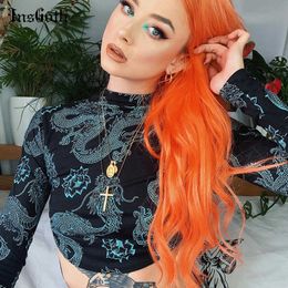 InsGoth Women Bodycon Long Sleeve T-shirts Sexy Hollow Out Backless Bandage Tops Street Vintage Dragon Print Female Tees Gothic Y0629