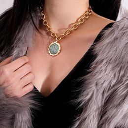 Punk Round Coin Pendant Choker Necklace Vintage Green Stone Blue Crystal Dangle Thick Chain Long Necklace Jewellery