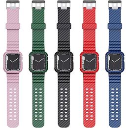 Rubber Silicone Case Cover Wrist Strap for Apple Watch Series 7 6 SE 5 4 3 38mm 42mm 40mm 44m 41mm 45mm Carbon Fiber Texture Band