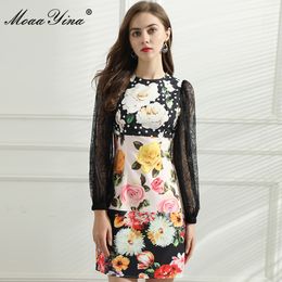 Summer Women's Fashion Designer Dress Lace Long sleeve Floral Print Beaded Black Dresses 210524