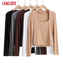 Spring Fashion Women Rayon Strethy T Long Sleeve Square Neck Tees Ladies Casual Tee Shirt Street Wear Top 4P28 210416