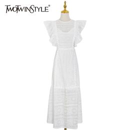 White Embroidery Long Dress For Women O Neck Short Sleeve High Waist Patchwork Lace Ruffle Elegant Dresses Female 210520